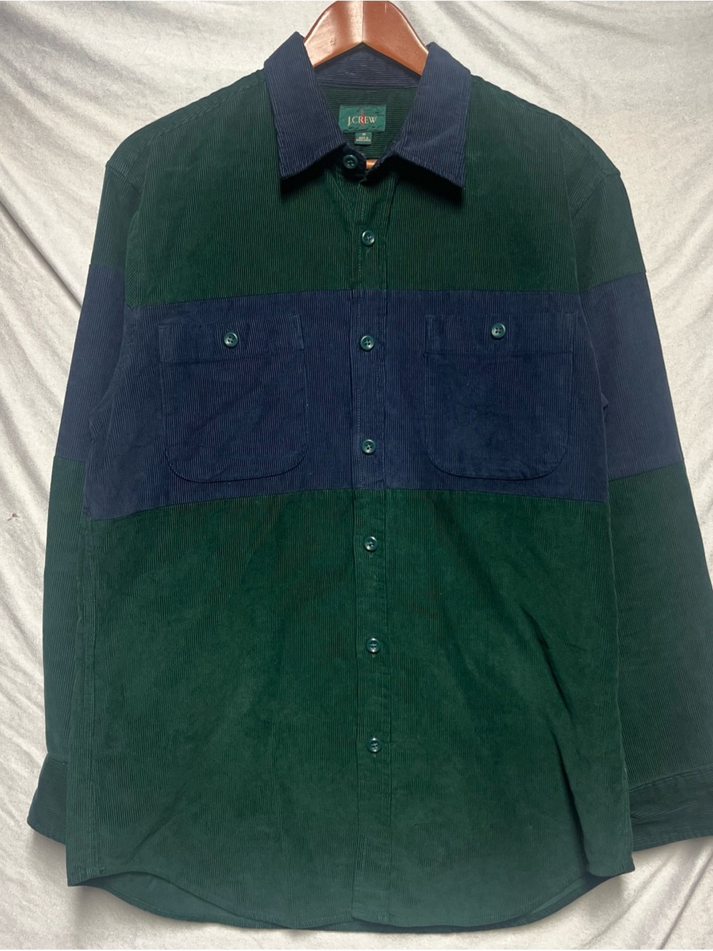 J.crew BU903 Mid weight corduroy work shirt Color block Men's Sz M green blue